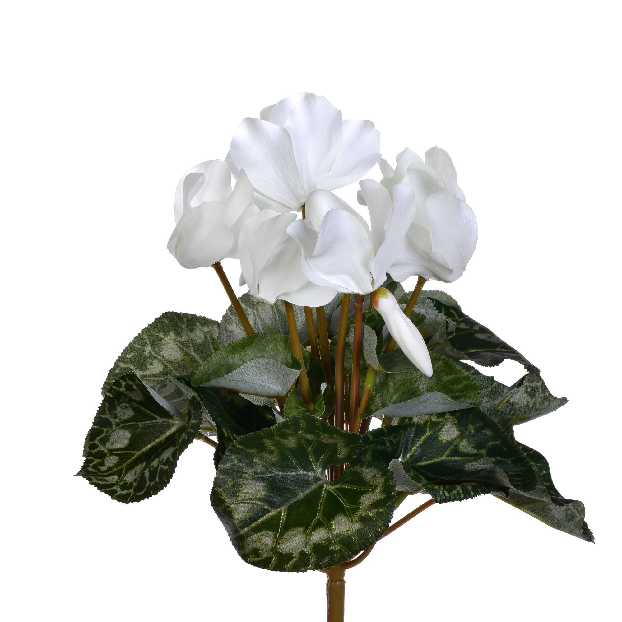 11" White Artificial Polyester Cyclamen Bush